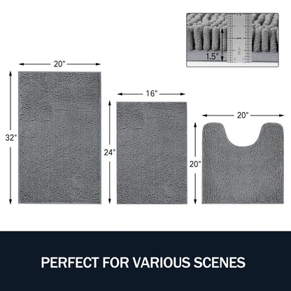 LINLA 3 Pieces Bathroom Rug Set, Absorbent Non Slip Chenille Bath mat, Thick Plush Chenille Carpet Mats Set,Washable Dry Quickly with U-Shaped Toilet Mat for Tub, Shower（Grey）