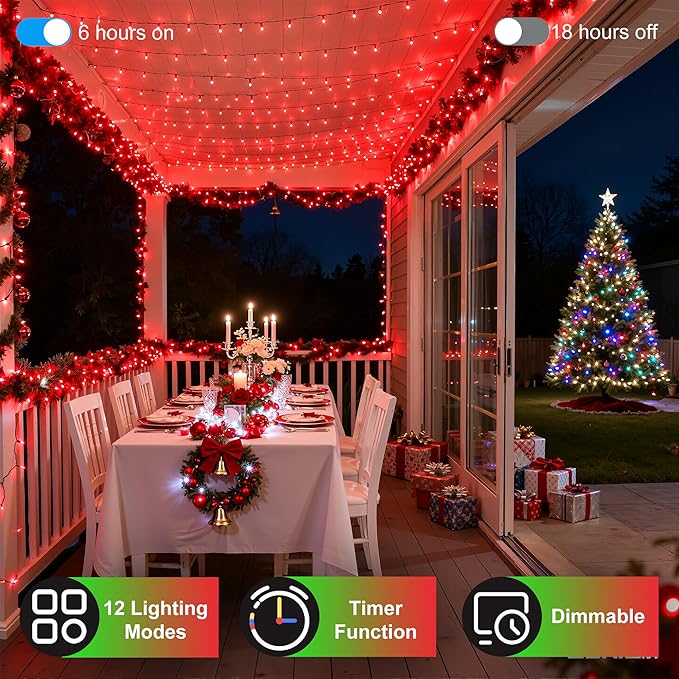1500LED Christmas Lights Outdoor Use, 470ft 12 Modes Red LED String Lights with Timer Dimmable, Waterproof Christmas Tree Lights for Xmas Patio Yard Fence Balcony Garden Party Decor Red