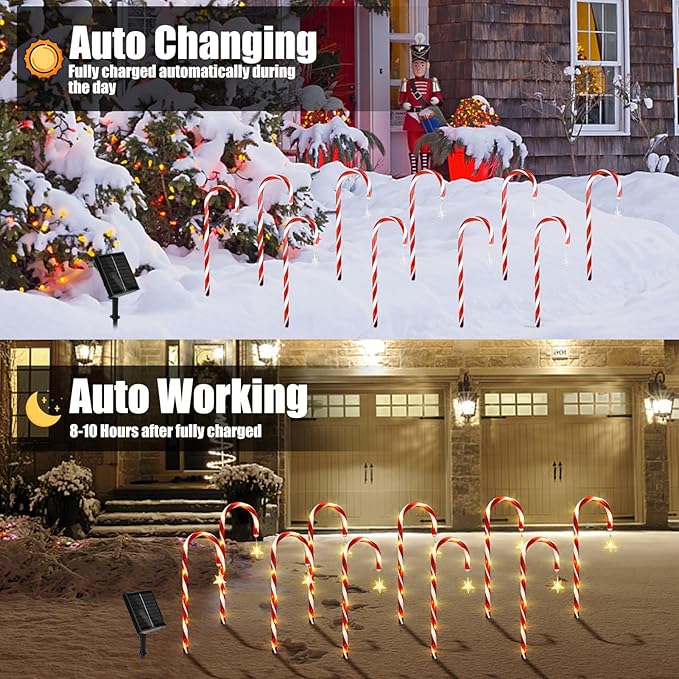 Christmas Decorations, 10 Pcs Christmas Candy Cane Lights with Star, 21'' Solar Pathway Lights with 8 Lighting Modes, Waterproof Garden Lights for Outdoor Christmas Patio Yard Walkway Decorations