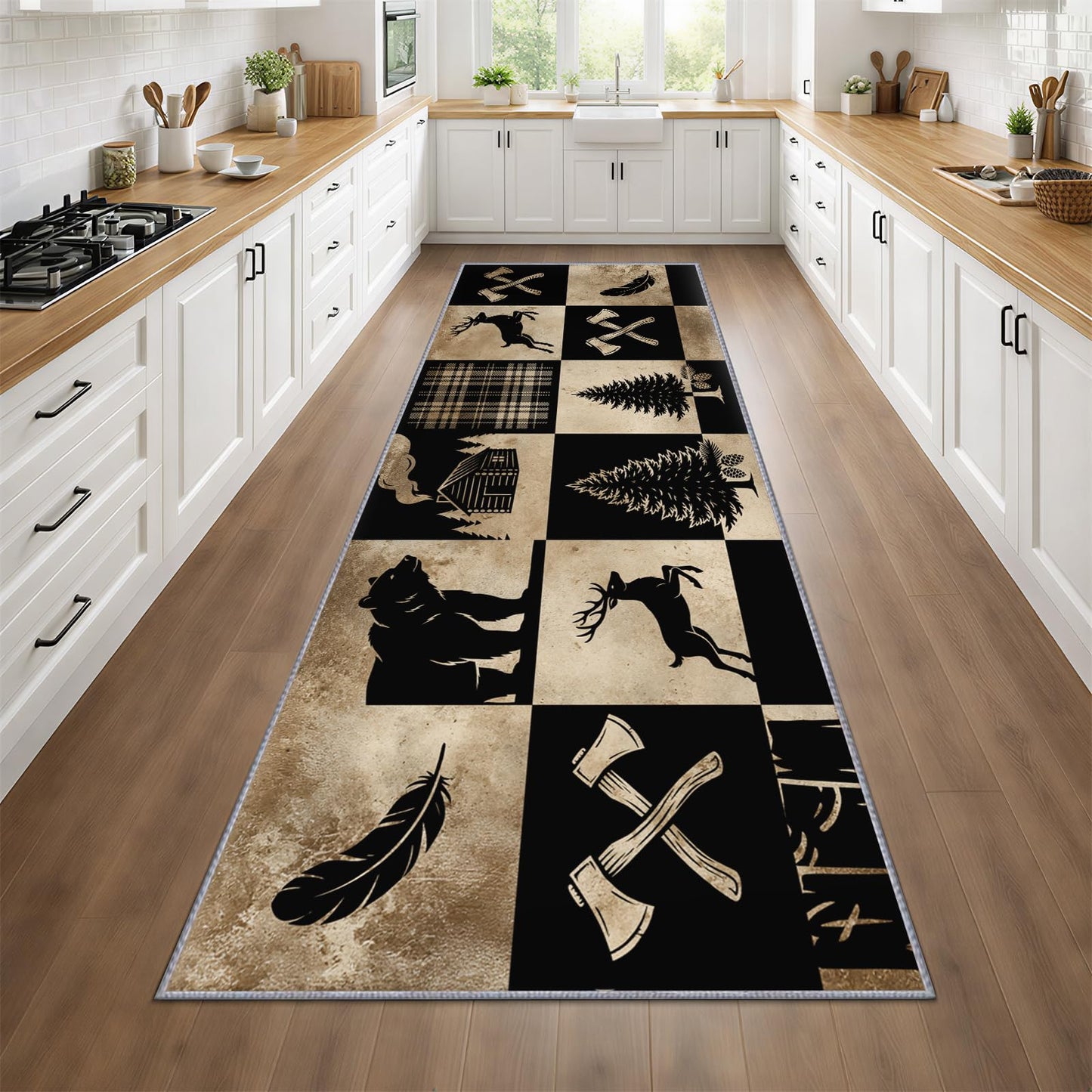CAQDUEP Rustic Wildlife Runner Rug 2x6 Vintage Lodge Style Runner, Western Country Bear Deer Rugs, Rustic Cabin Rug Non Slip Backing Washable Rugs for Hallways