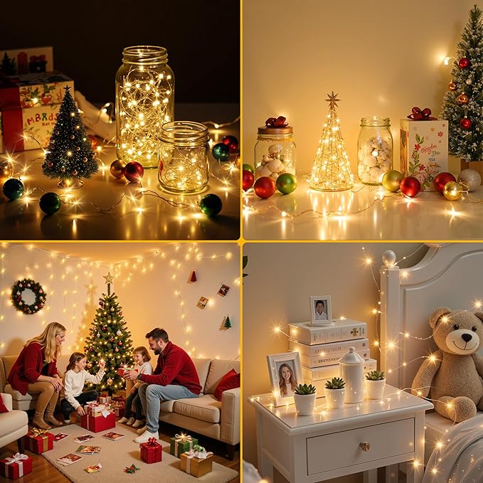 Mlambert LED Fairy Lights Battery Operated with Timer, Rechargeable Mini Twinkle Lights for Christmas Decor Holiday Party, 65.6FT(16.4x4), Warm White