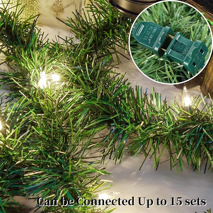 WATERGLIDE Lighted Christmas Green Garland 15FT, with Clear String Lights, Pre-lit Artificial Greenery Garlands, Plug in & Connectable Xmas Lights for Indoor Outdoor Holiday Party Decor