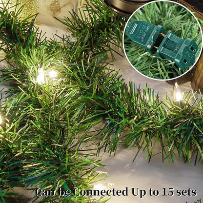 WATERGLIDE Lighted Christmas Green Garland 15FT, with Clear String Lights, Pre-lit Artificial Greenery Garlands, Plug in & Connectable Xmas Lights for Indoor Outdoor Holiday Party Decor