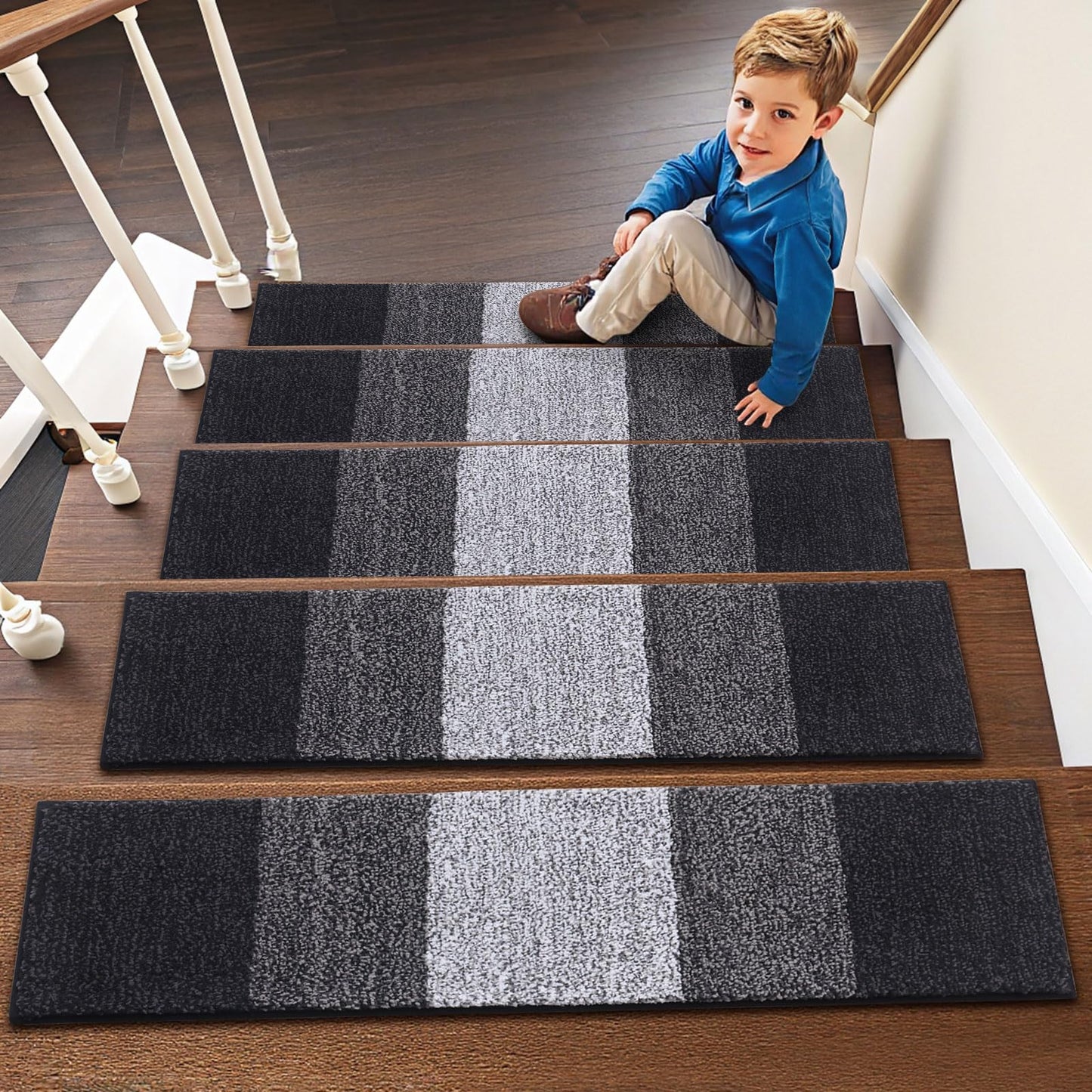 OLANLY Stair Treads Non Slip 10PCS, 8" x 30" Indoor Stair Runners for Wooden Steps, Edging Stair Rugs with Reusable Peel and Stick Adhesive for Kids Elders and Pets, Black