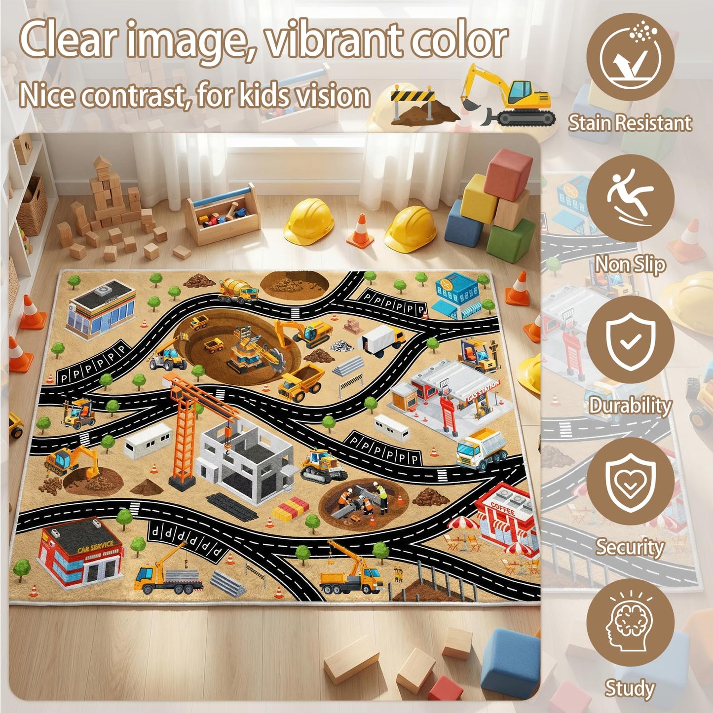 5x7 Ft Construction Site Car Rug Play Mat, Faux Wool Kids Rugs Engineering Car Playmat for Children Toddler, Non Slip City Road Trucks Rug Washable Carpet for Boy Playroom Bedroom Nursery