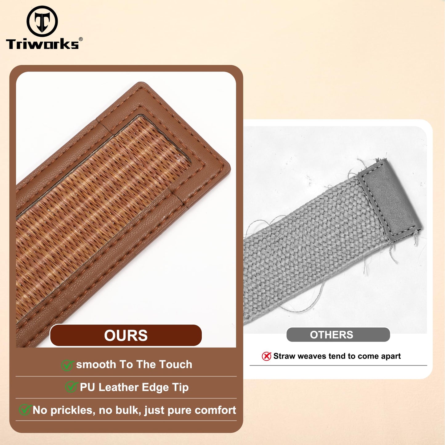 TRIWORKS Straw Woven Belts for Women Wide Waist Leather Boho Briaded Belt No‑Hole Adjustable for Dresses