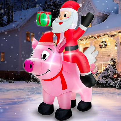 6 Ft Christmas Inflatable Outdoor Decoration, Blow Up Santa Claus Riding Flying Pig with Built in LEDs Lights,Christmas Inflatables with Gift Box for Farm Yard Garden Lawn Outside Indoor Holiday Party