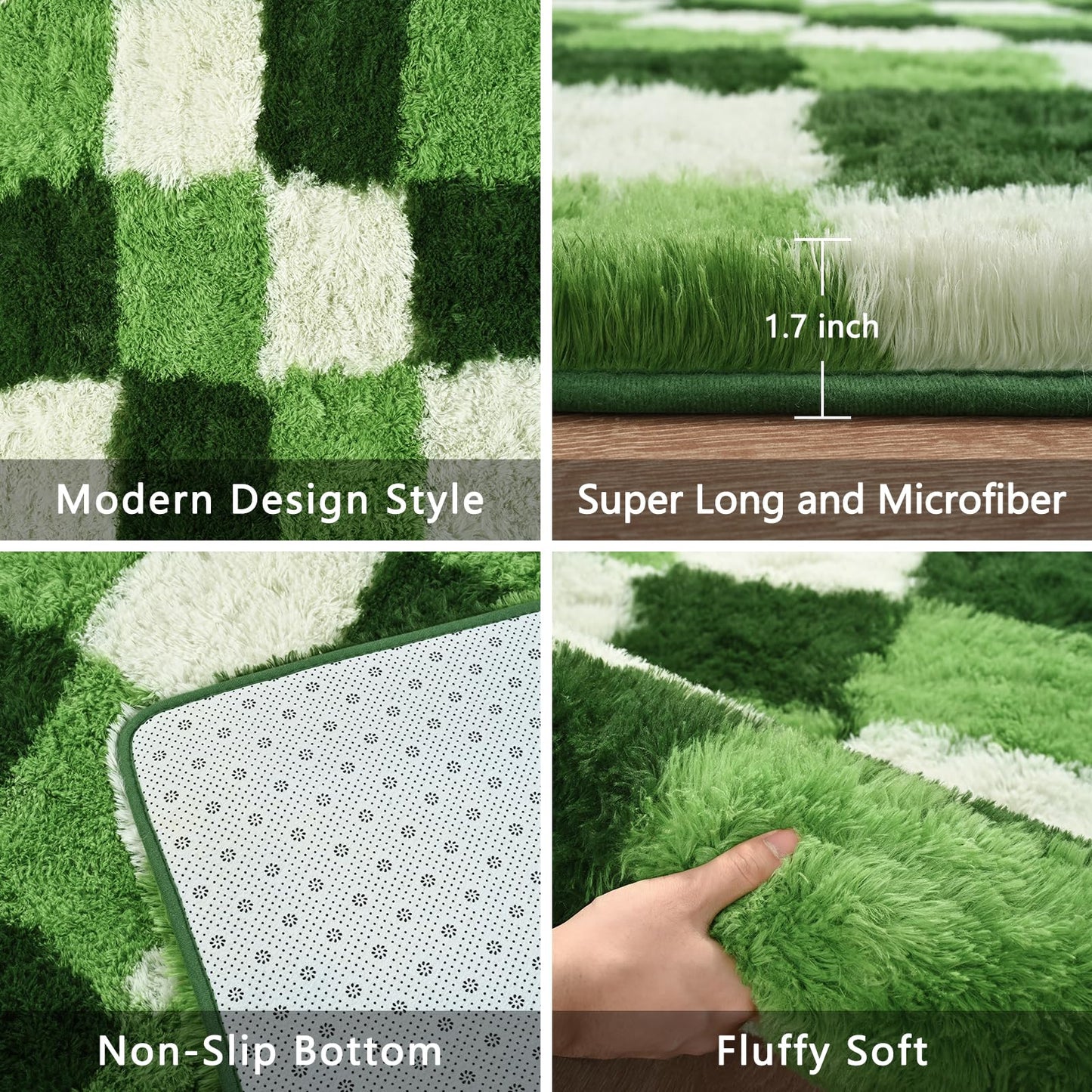 FALARK Fluffy Deep Green White Rugs for Bedroom, 4x6 Feet Checkered Rug for Living Room, Cute Shag Carpet for Kids Girls Room Nursery, Soft Shaggy Modern Indoor Carpets for Home Decor