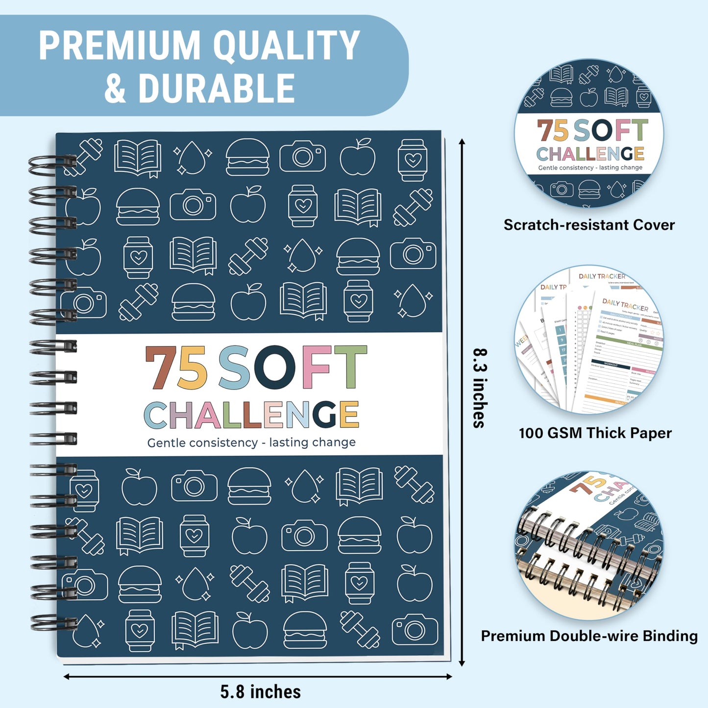 HAMIEW 75 Soft Challenge Journal - A5 Spiral 75-Day Habit Tracker Planner, 108-Page Full-Color Daily Logs, Weekly Reviews, Meal Water Workout Reading Tracker