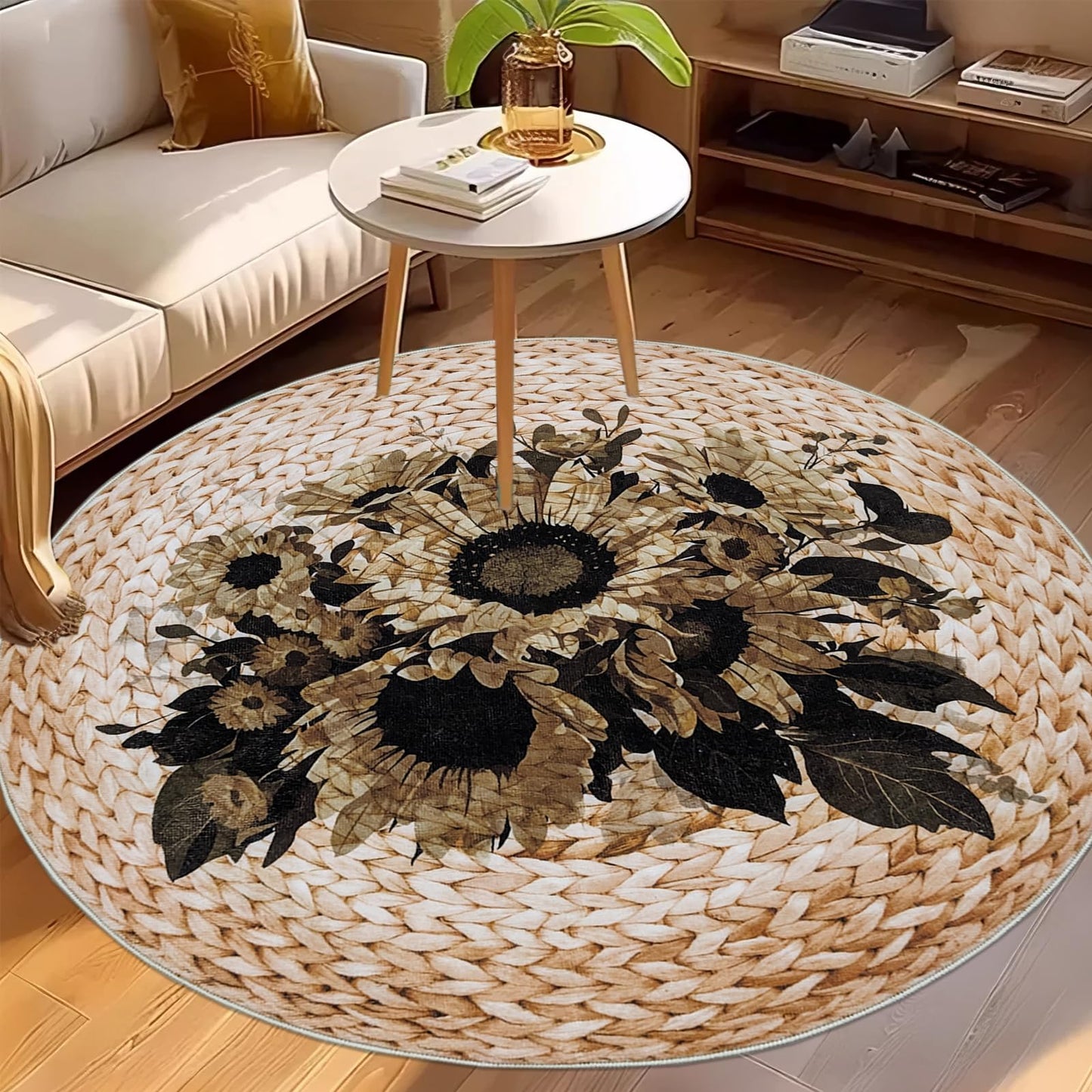 Lacomfy Boho Floral Rug 4Ft Round Sunflowers Carpet Mat for Girls Bedroom Farmhouse Living Room Dining Room, Circle, Dark Flowers, Rattan Pattern Printed, Retro, Washable, Indoor (Not Natural)