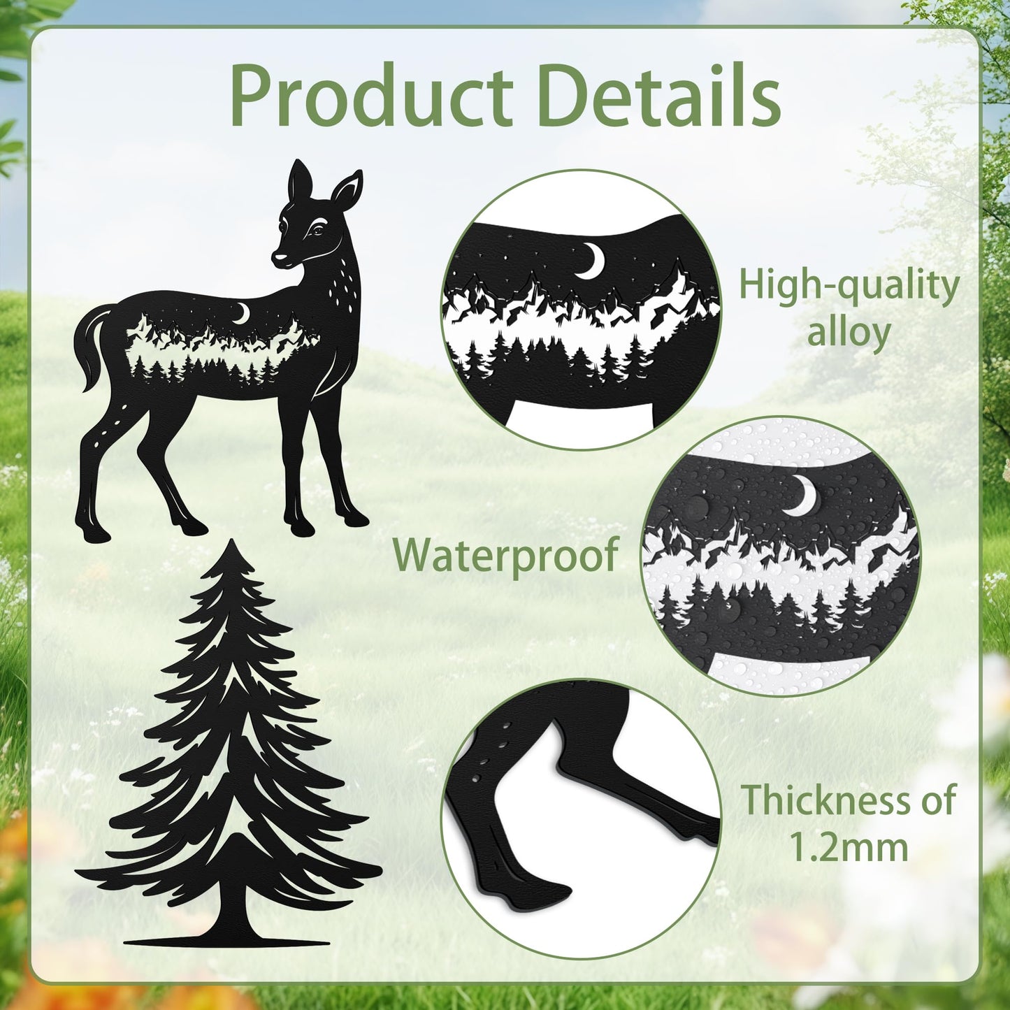 Romart Deer and Pine Tree Decorative Garden Stakes, 4 Pcs Forest Silhouette Metal Garden Stakes for Outdoor Yard Lawn Decor, Christmas for Nature Lovers
