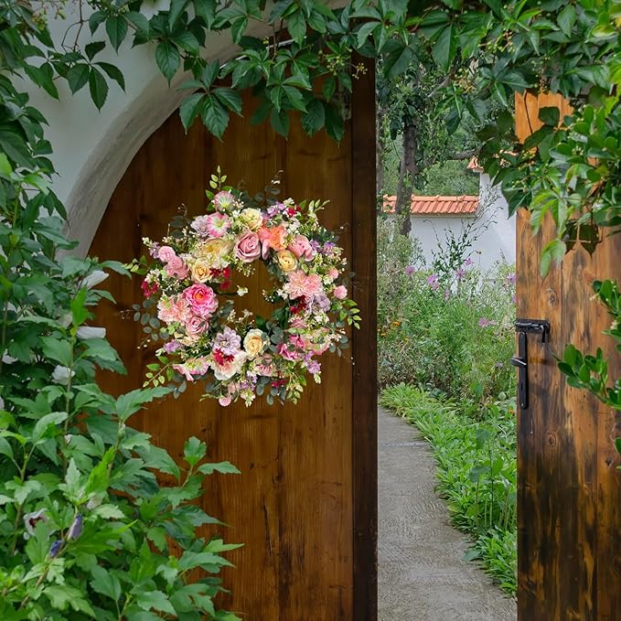 24 Inch Spring Summer Wreath for Front Door Outside Artificial Peonies Rose Flowers Morning Glory Mixed Flowers for Outdoor Front Door Indoor Wedding Wall Window Décor All Season