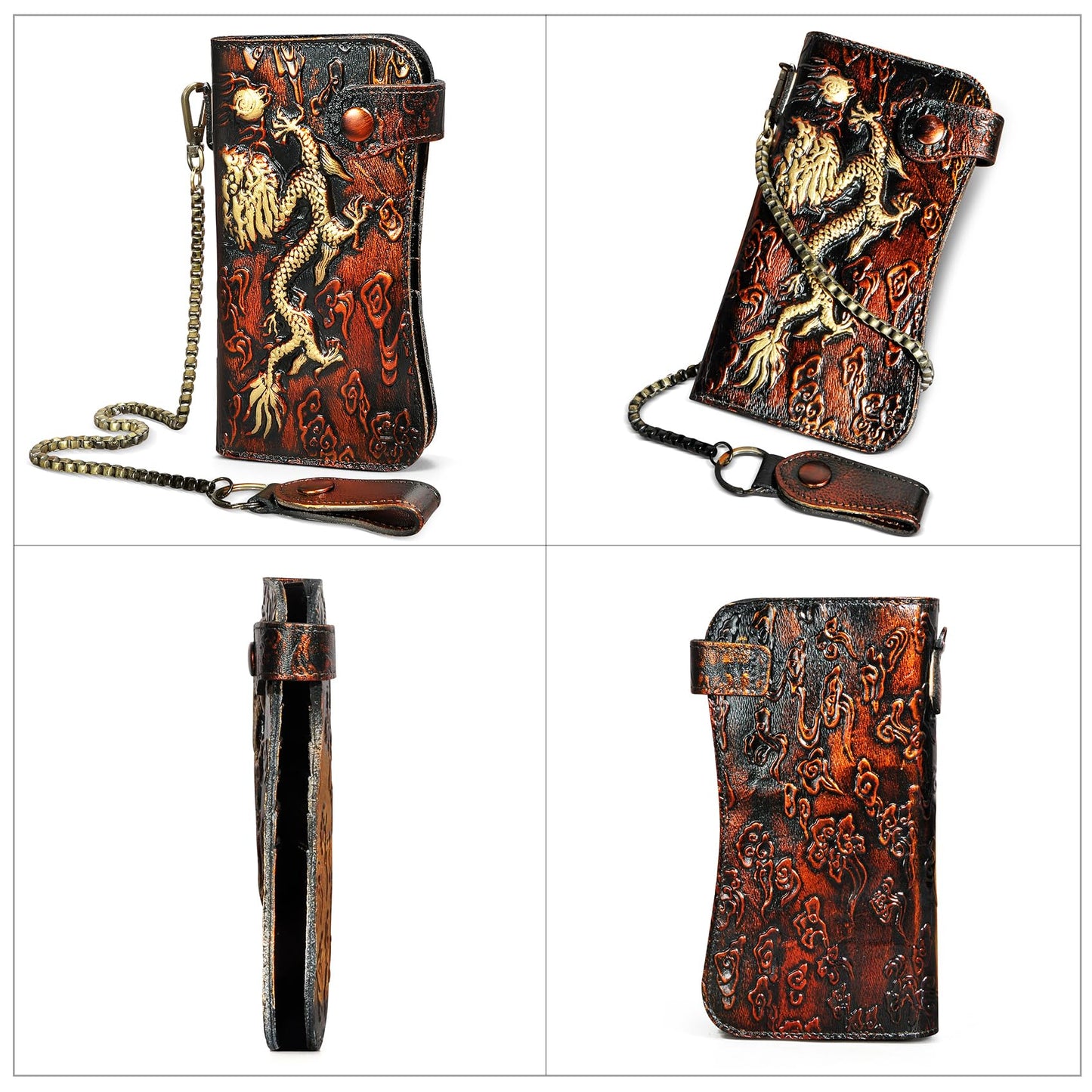 Handadsume Genuine Crazy Horse Leather Travel Gift Coin Pocket Card Case Long Organizer Chain Rfid Wallet Purse With Snap For Men Male 1088 (1088 Orange)