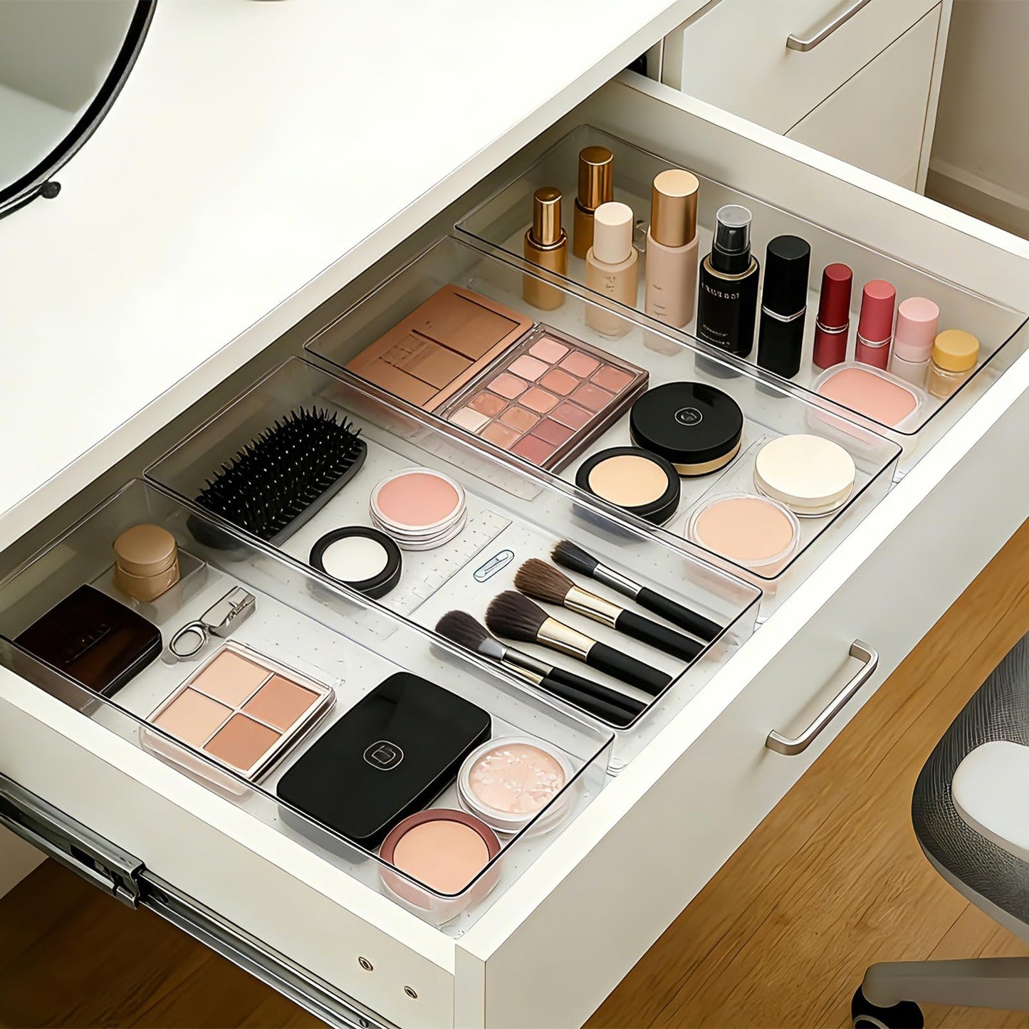 14 Pcs Clear Plastic Drawer Organizer Tray with 2 Pcs 15"x6" Extra Large Trays, Multi-Purpose Storage Bins for Vanity, Makeup, Kitchen Utensils, Bathroom, Office Desk, Auto Tools & Craft Supplies