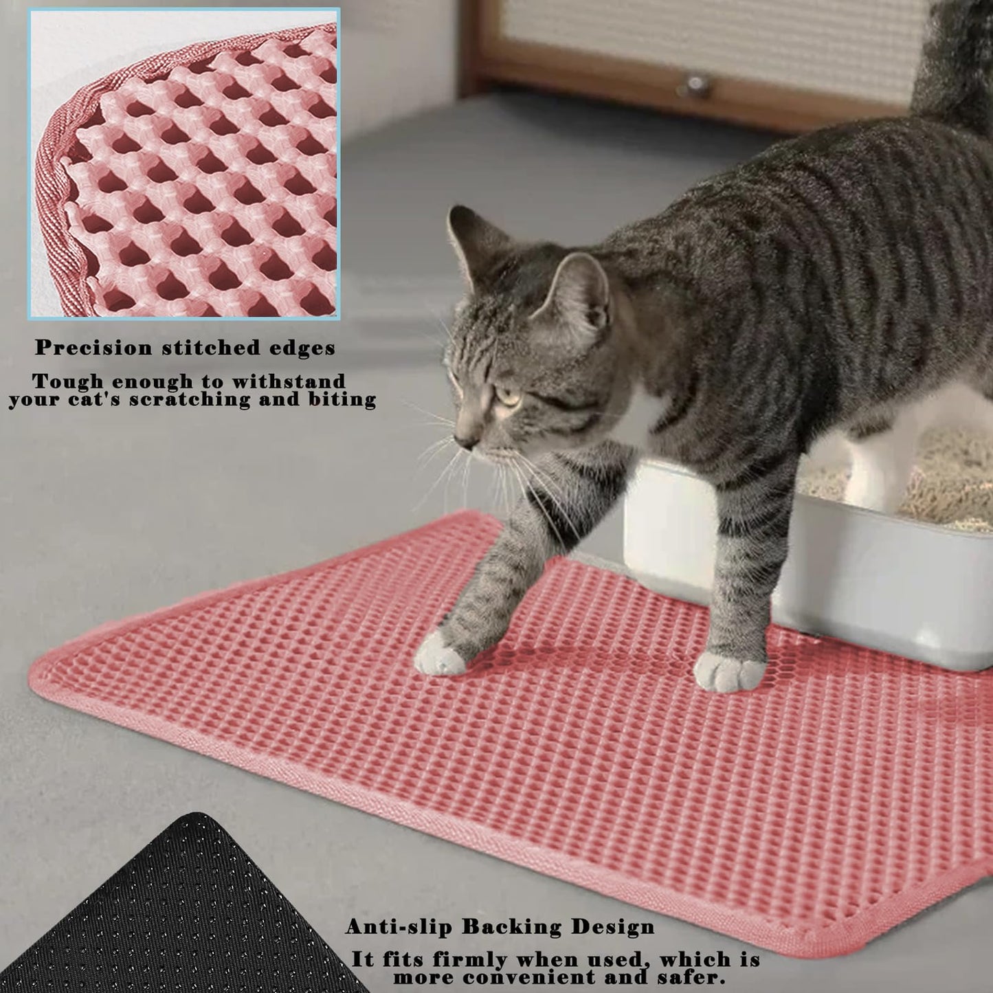 HCY&WLD Cat Litter Mat, Honeycomb Double Layer Cat Litter Trapping Mat, Waterproof Urine Proof Non-Slip, Scatter Control, Less Waste, Easier to Clean, Pink, 24" x 18"