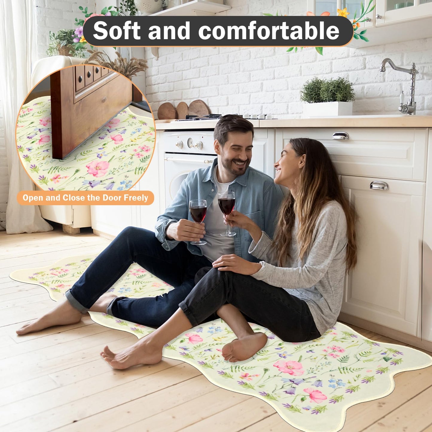 PCSWEET HOME Spring Summer Kitchen Rug Sets 3 Piece Scalloped Green Kitchen Rug Set Non-Slip Washable Comfort Standing Mat for Laundry Room, Bar, Office 20 "x32+20 "x47+20 "x59