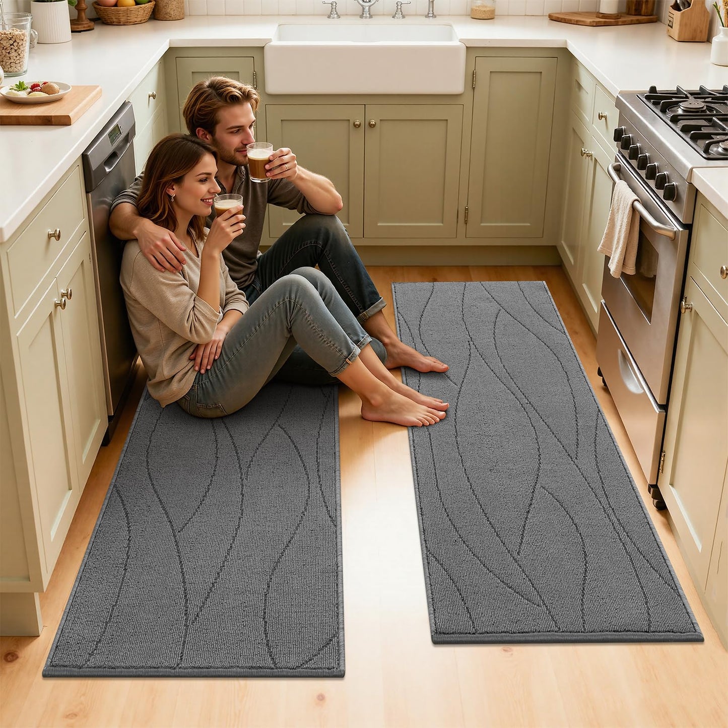 Bsmathom Kitchen Rugs Sets of 3, Non Slip Kitchen Runner, Machine Washable Non Skid Kitchen Rug, Kitchen Floor Mat for Hallway Entryway Laundry Room, Light Gray