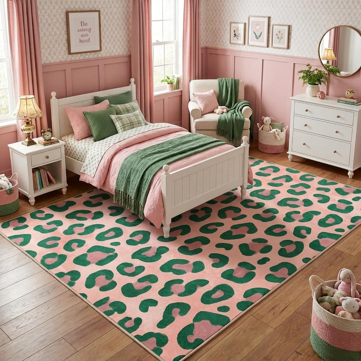 BreezeRise 5x7 Area Rug for Living Room，Modern Abstract Boho Pink and Green Leopard Print Non-Slip Washable Bedroom,Dining Room