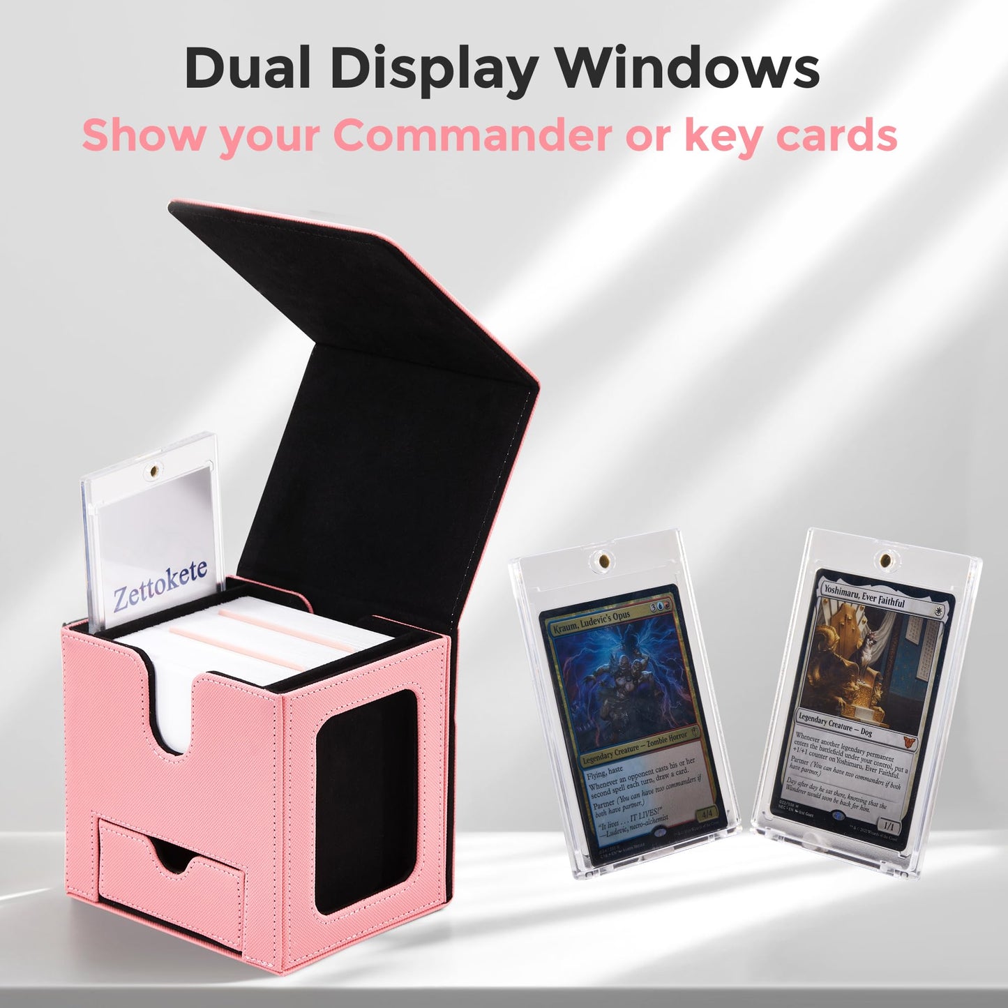 Zettokete MTG Commander Deck Box with Dual Commander Display, Patented Card Deck Box Fits 100 Double-Sleeved Cards, MTG Card Case with Dice Tray, 2 Dividers, 2 Magnetic Holders, Pink & Black