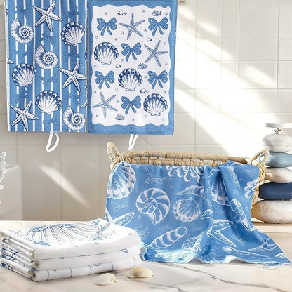 Breling Set of 6 Coastal Beach Kitchen Towels Blue Bow Dish Towel Bathroom