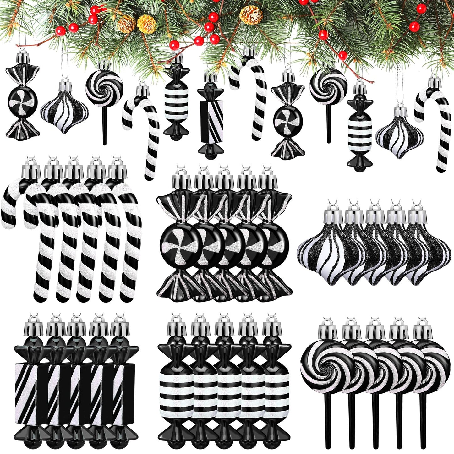 Realspring 30 Pcs Christmas Candy Ornaments Peppermint Candy Cane Christmas Decorations Plastic Lollipop Hanging Ornaments with Rope for Xmas Tree Party Holiday Supplies(Black White)