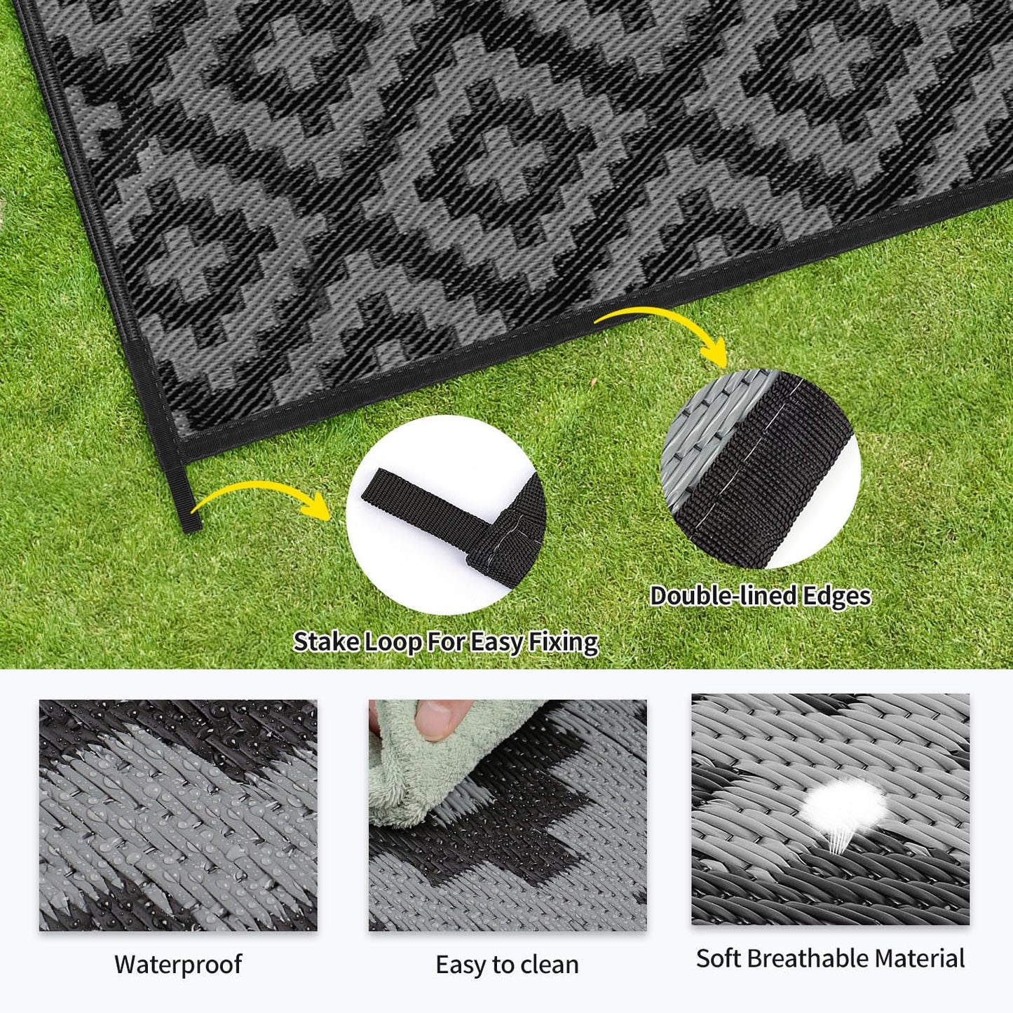 Outdoor Patio Plastic Straw Rug - 5x8 ft Outdoor Camping Rug Waterproof Reversible, Area Carpet Patios Clearance RV, Outside Porch Balcony Deck for Camper, Black & Grey