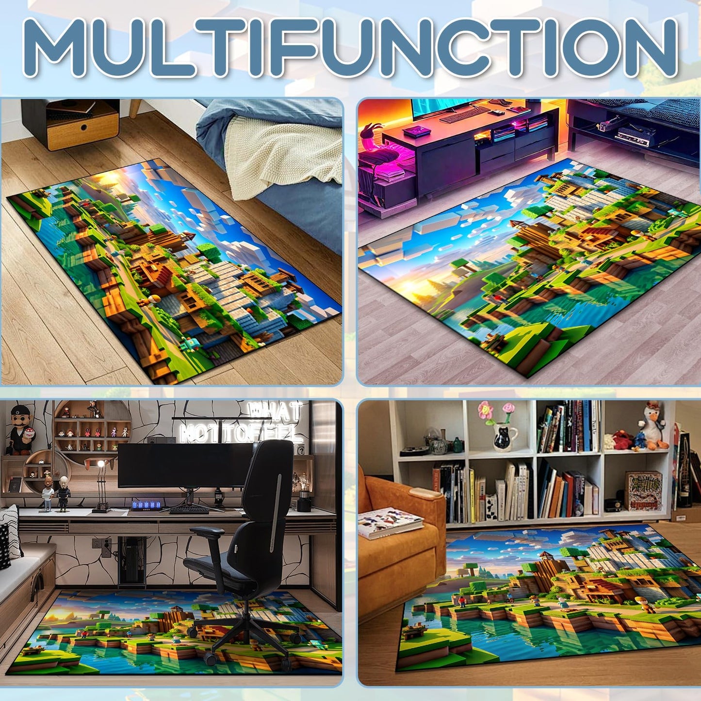 Block Game Rug Teen Kids Carpet, Pixel Games Scene Decoration Mat, Washable Cube Block Game Rugs for Boy's Bedroom Living Room Playroom, Non-Slip Children Gaming Area Rugs, Green Village, 60" x 40"