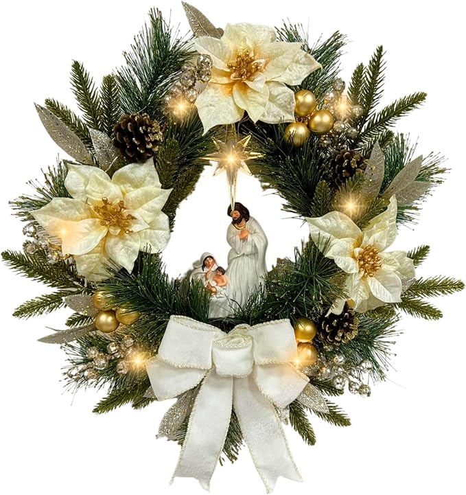 22 Inch Pre-Lit Artificial Christmas Wreath with White Artificial Poinsettia Flowers Jesus Figurine Nativity Scene Glitter Ball Ornaments PineCones Berries for Christmas Decor Front Door