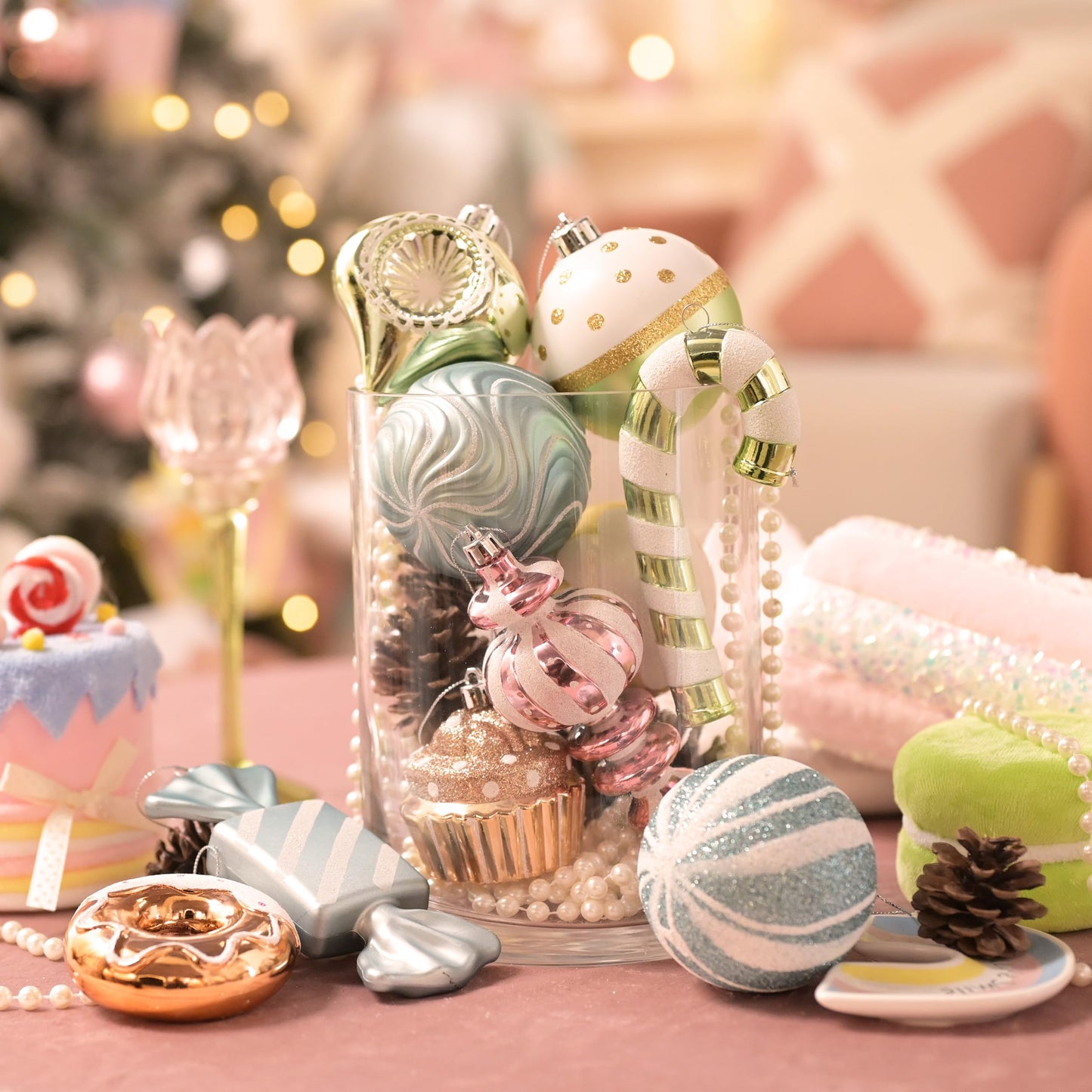 Valery Madelyn Christmas Ball Ornaments Set, 80ct Candyland Macaron Pastel Shatterproof Christmas Tree Decorations, Variety Decorative Hanging Ornaments Bulk for Xmas Holiday Party Decor
