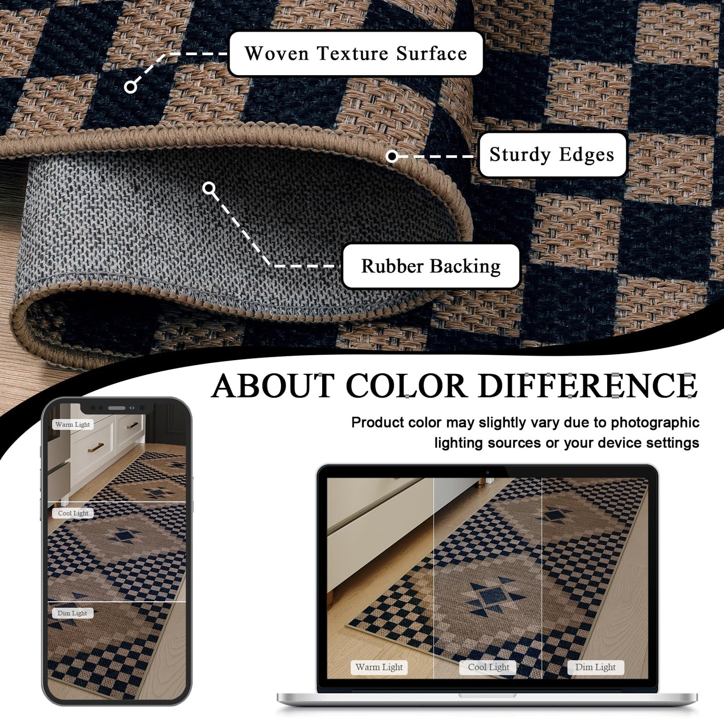 LIVEBOX Easy Jute Runner Rug for Entryway, 2x6 Runner Rug Kitchen Rugs Non Slip, Washable Black Checkered Indoor Runner Rugs for Laundry Room Bedroom, Carpet Runners for Hallway 6ft