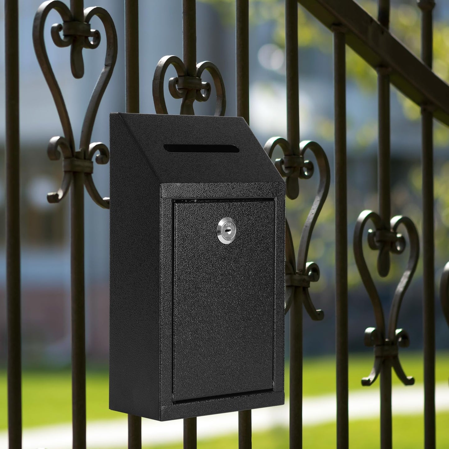 KYODOLED Money Drop Box with Lock & Slot, Metal Cash Collection & Suggestion Box for Farm Stand Sales, Office or Home Wall Mount Use, 10.24x5.7x2.95 Inch, Black