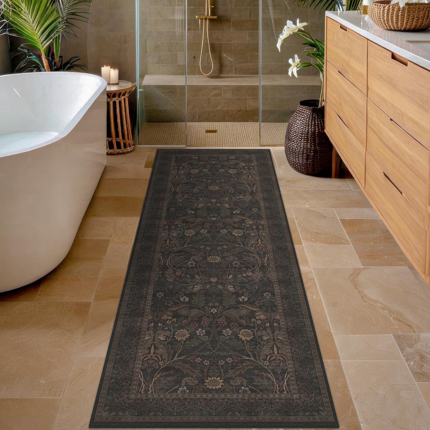 Washable 2x6 Kitchen Rugs Non Slip - Dark Brown Hallway Runner Rug, Farmhouse Non Slip Floral Botanical Bathroom Mats, Southwestern Cabin Bedroom, Hall Way Low Pile Carpet