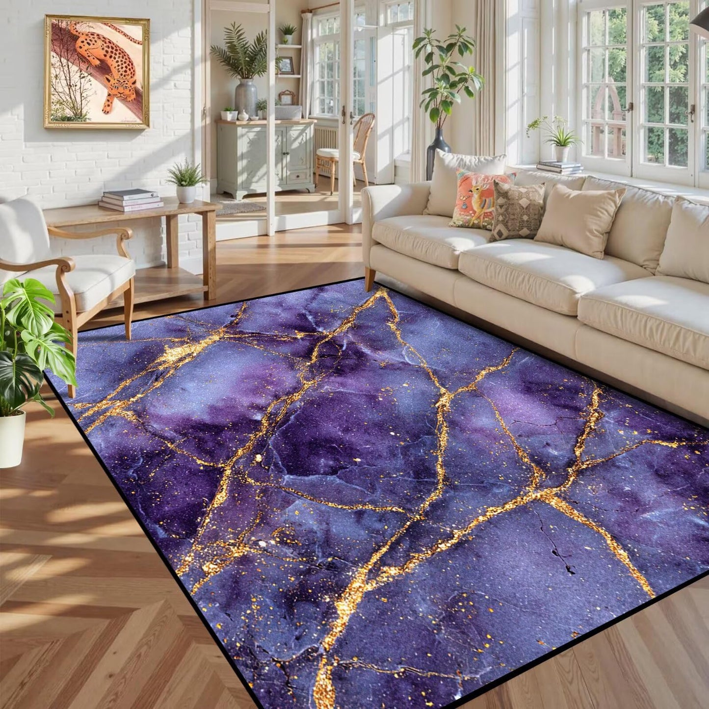 FUYEUN 5' x 7' Marble Area Rug Morden Abstract Throw Rugs for Classroom Bedroom Dorm Living Room Home Teens Carpet Home Decor Washable, 63" x 83", Purple and Gold