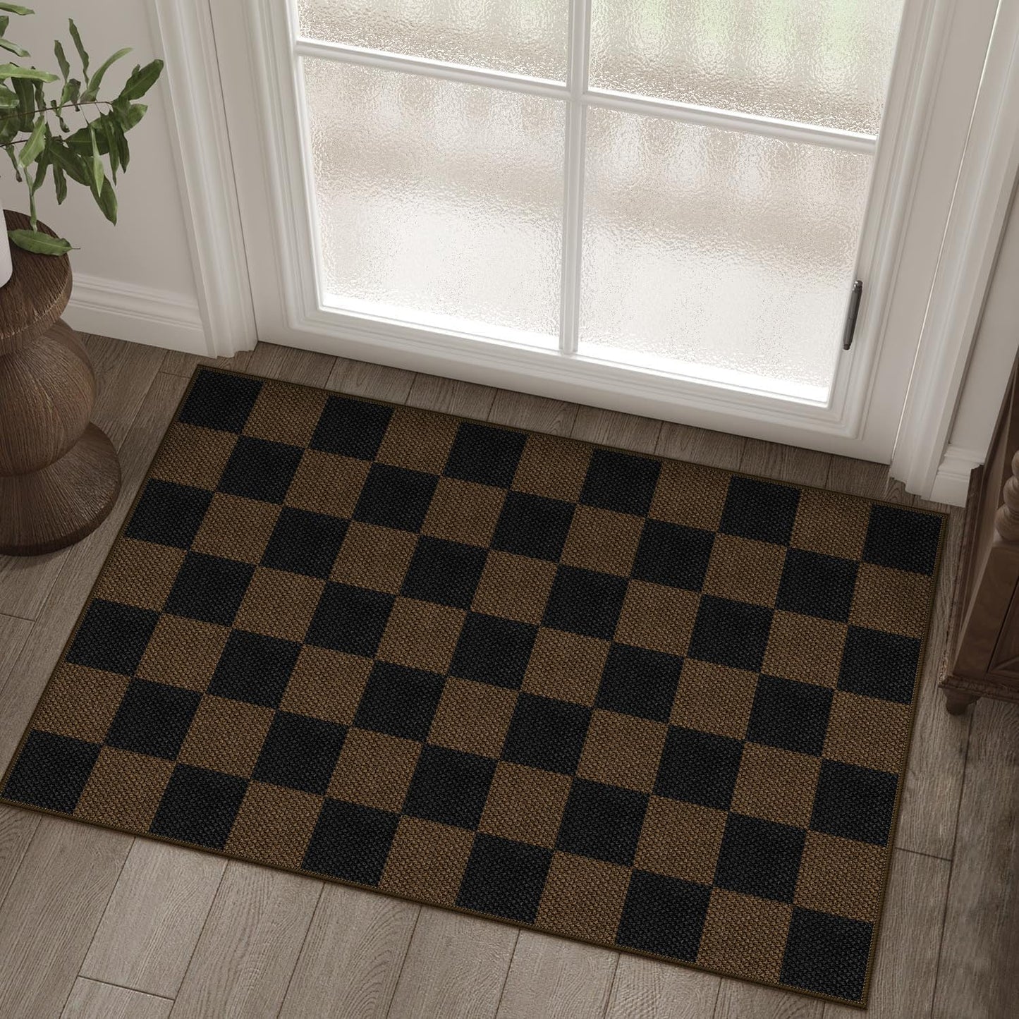 Rugalia Easy Jute Checkered Entryway Rug, 2x3 Coffee Modern Indoor Outdoor Doormat, Washable Non-Slip Small Kitchen Rug Farmhouse Checkerboard Throw Rugs for Entrance Bedroom Bathroom