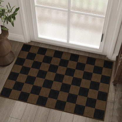 Rugalia Easy Jute Checkered Entryway Rug, 2x3 Coffee Modern Indoor Outdoor Doormat, Washable Non-Slip Small Kitchen Rug Farmhouse Checkerboard Throw Rugs for Entrance Bedroom Bathroom