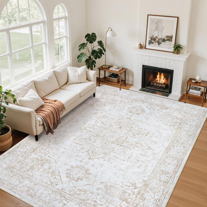 Area Rug 6x9 Living Room Rug Washable:No-Slip Vintage Medallion Rug Soft Low Pile Large Beige Rugs Indoor Retro Carpet for Living Room Kitchen Nursery Dining Table Office (Beige, 6'x9')