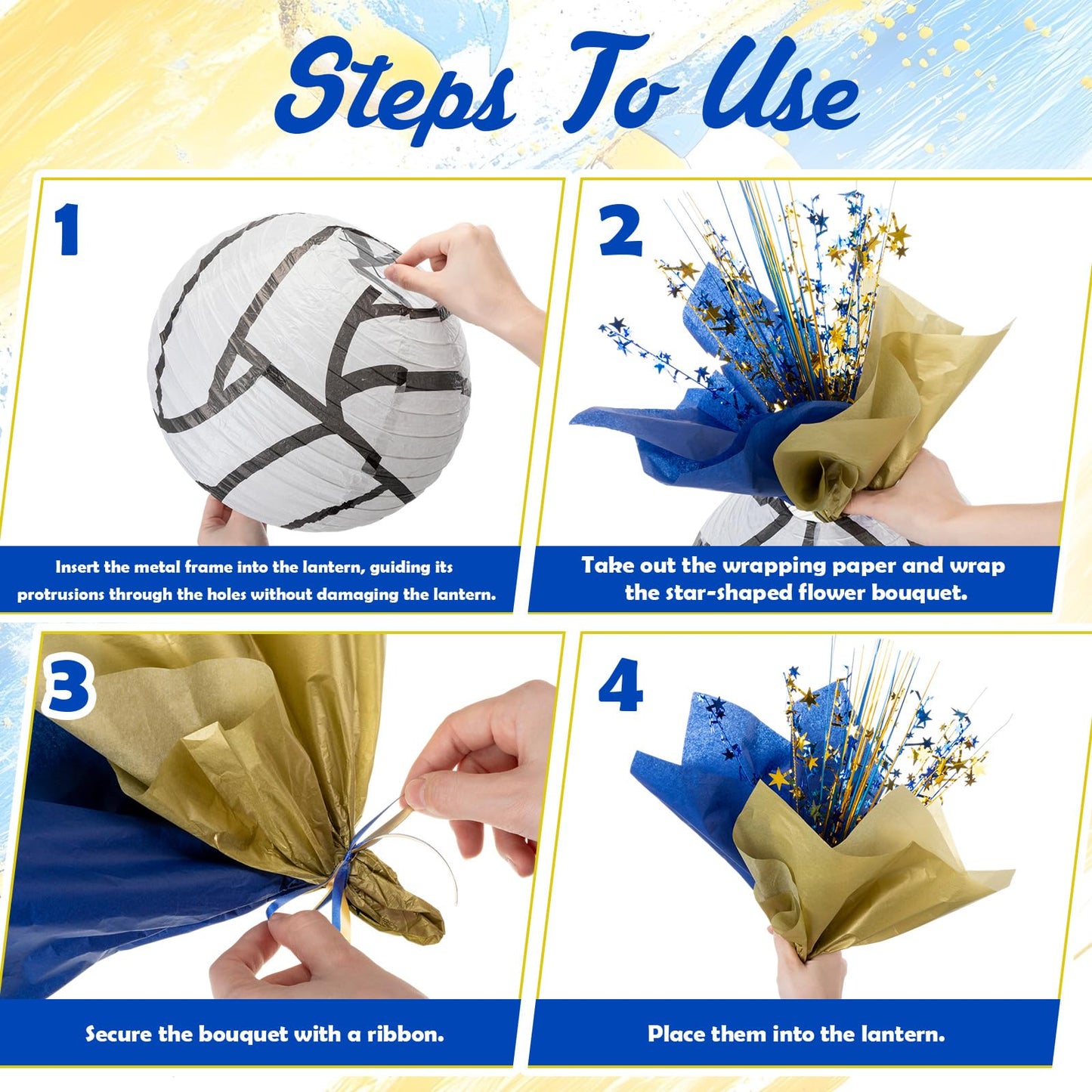 Glooglitter Volleyball Paper Lantern Centerpiece Set Volleyball Table Decor with Metallic Foil Star Spray Branches Wrapping Paper and Ribbon for Sport Birthday Party Supplies(Blue and Gold,14 Pcs)