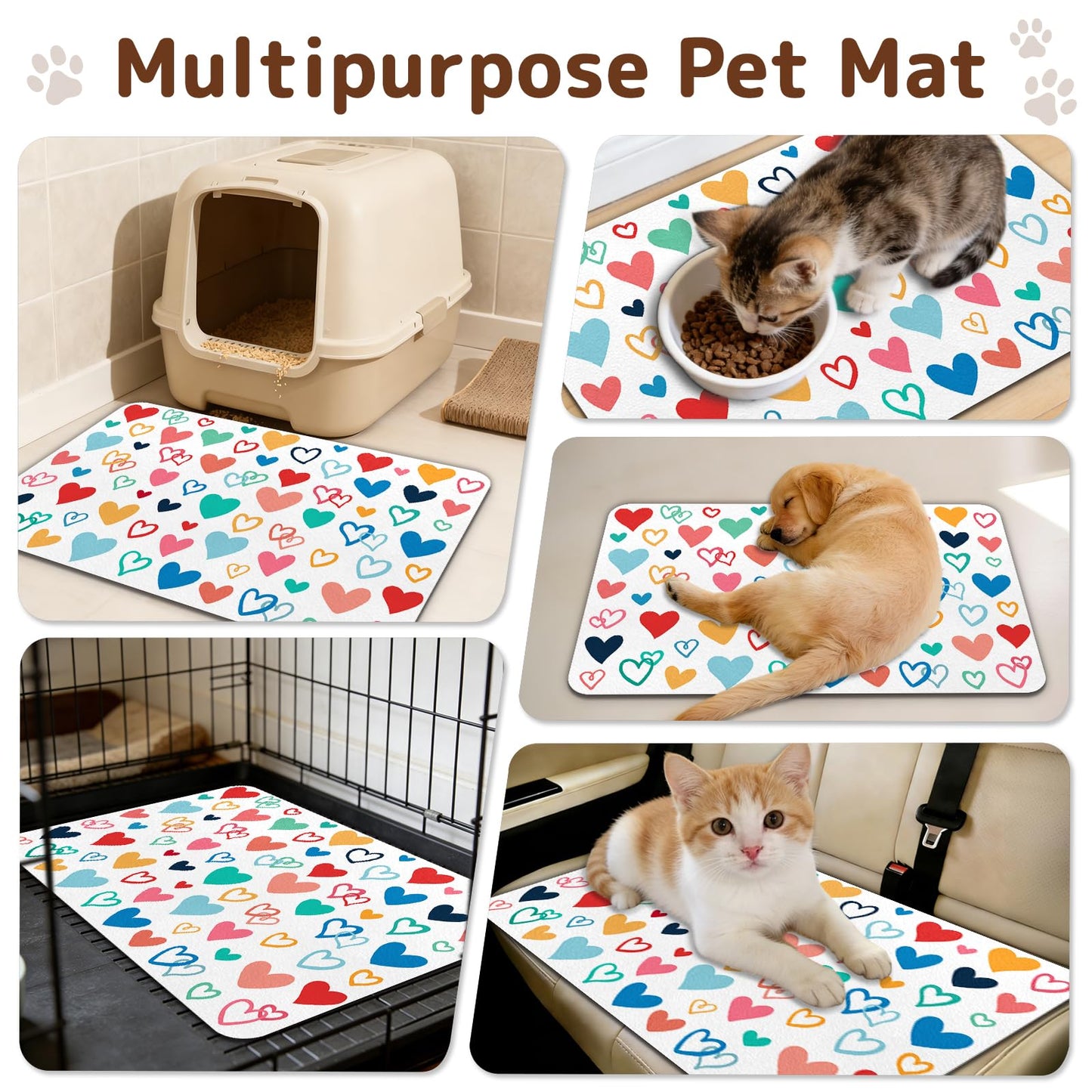 Dog Food Mat for Bowls, Absorbent Quick Dry Dog Cat Mats for Food and Water, Non-Slip Backing Pet Mat Pet Supplies - Heart Pattern