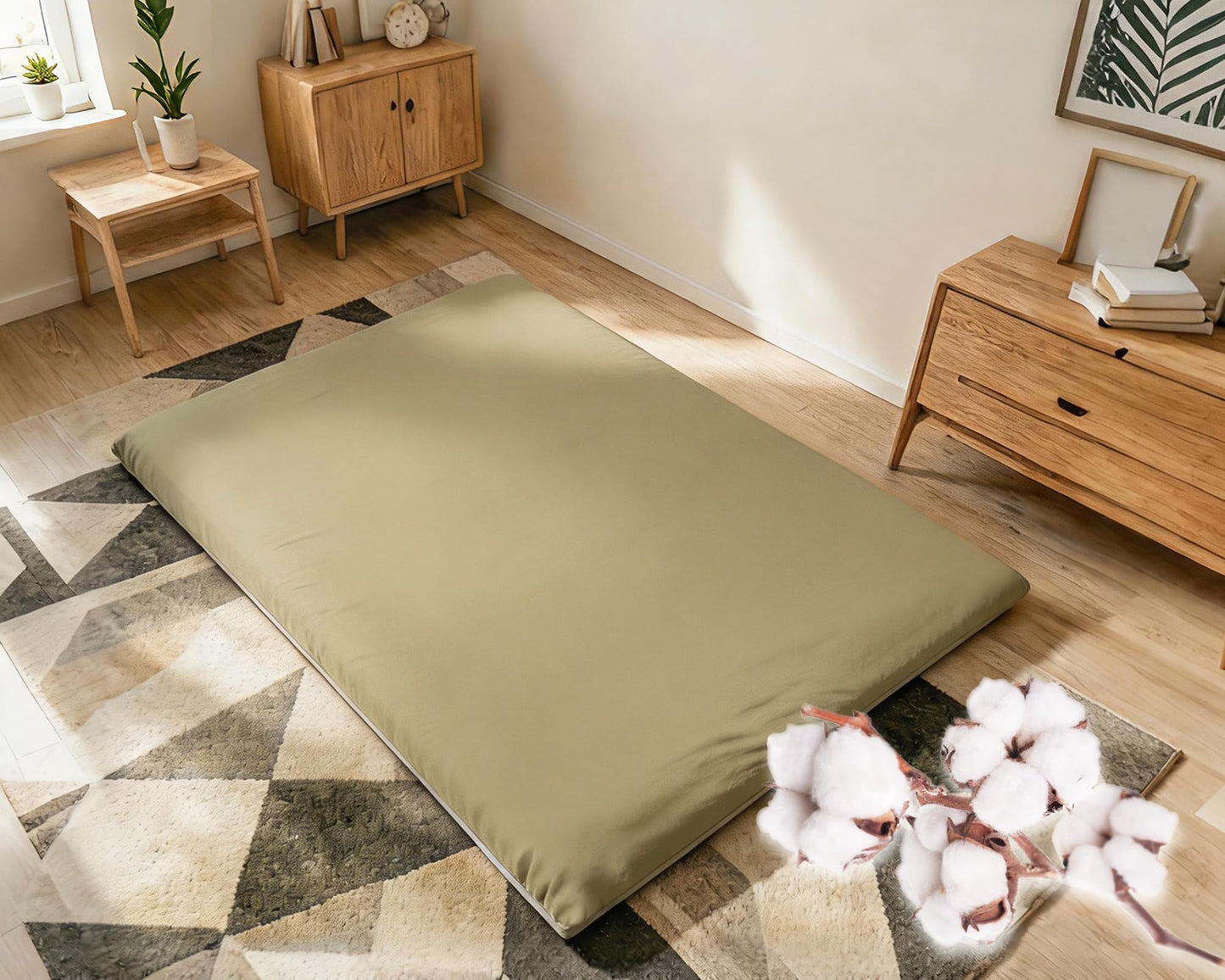 Gryvmnos 100% Cotton Futon Mattress Cover, Washable Japanese Floor Bed Protector with Zipper, Dust‑Proof Replacement Slipcover for Tatami Mat, Fits Up to 4-Inch Thick Mattresses, Full/Queen