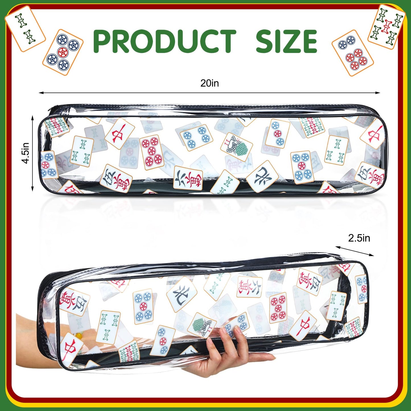 Clysee 2 Pcs Mahjong Tile Bag Mahjong Racks for Tiles and Pushers Waterproof Tile Zippered Case PVC Clear Mah Jong Gifts, Empty Bag Only, 20 x 4.5 x 2.5(Classic Style)