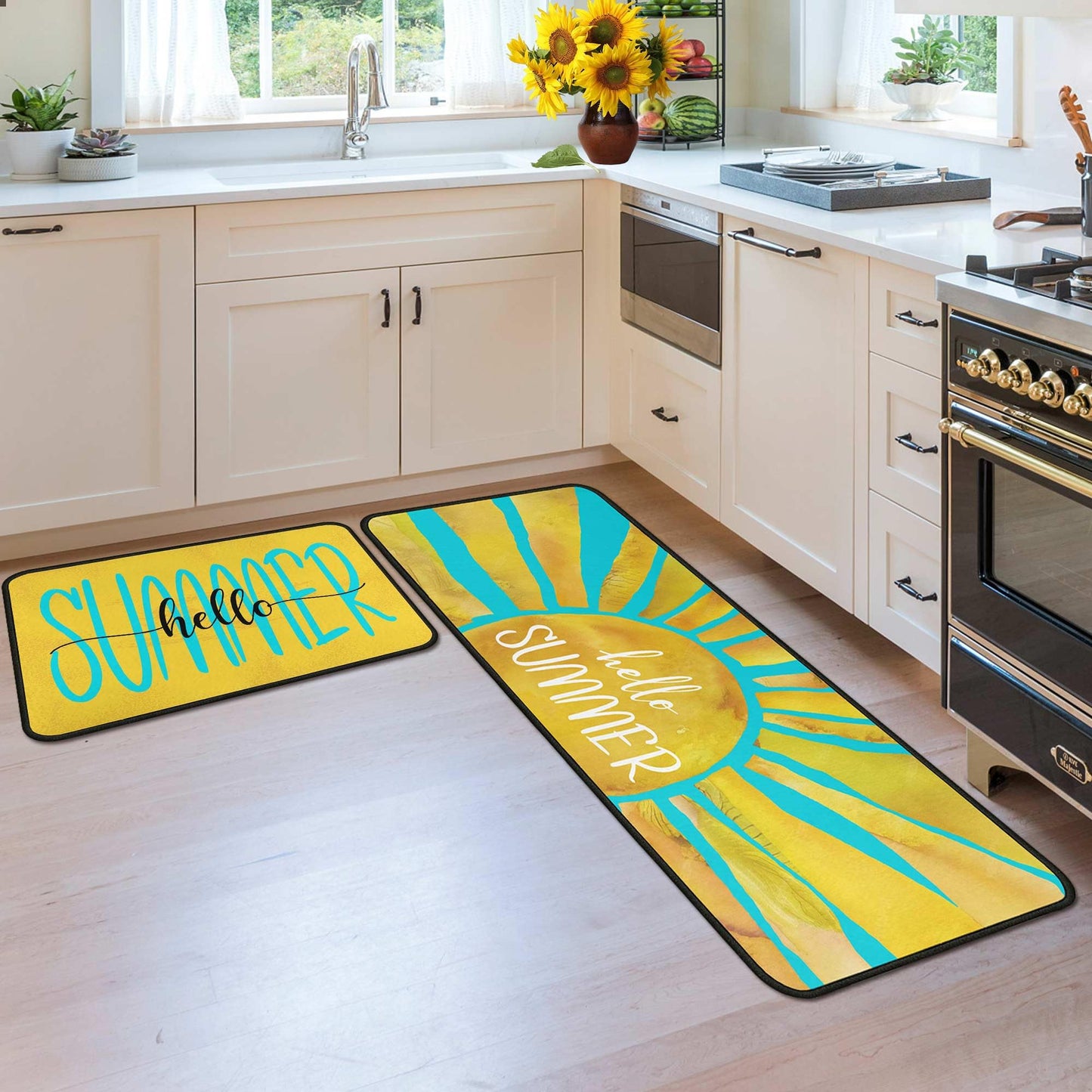 flippana Summer Kitchen Rugs and Mats for Floor, Summer Decorations for Home, 2 Pcs Non-Slip Backing Spring Summer Mat, Summer Decor Holiday Kitchen Rug Sets with Runner 17"x47.2"+17"x30"