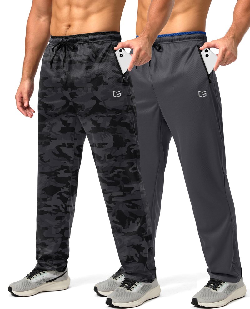G Gradual Men's Sweatpants Open Bottom Athletic Pants with Zip Pockets Mesh Lightweight for Running, Workout, Lounge (Blackcamo/Grey, Large)