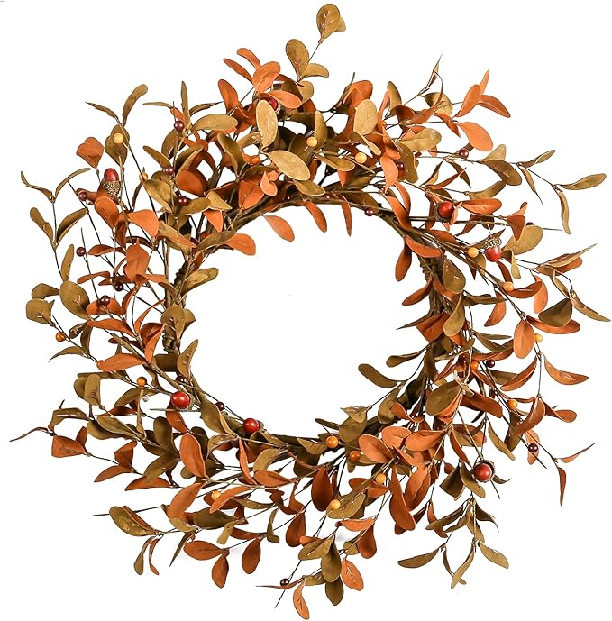 YNYLCHMX 18" Fall Wreaths for Front Door, Artificial Autumn Wreath, Fall Door Wreath with Brown Eucalyptus Leaves for Home Porch Window Wall Farmhouse Decor, Indoor Outdoor, Holiday Decor