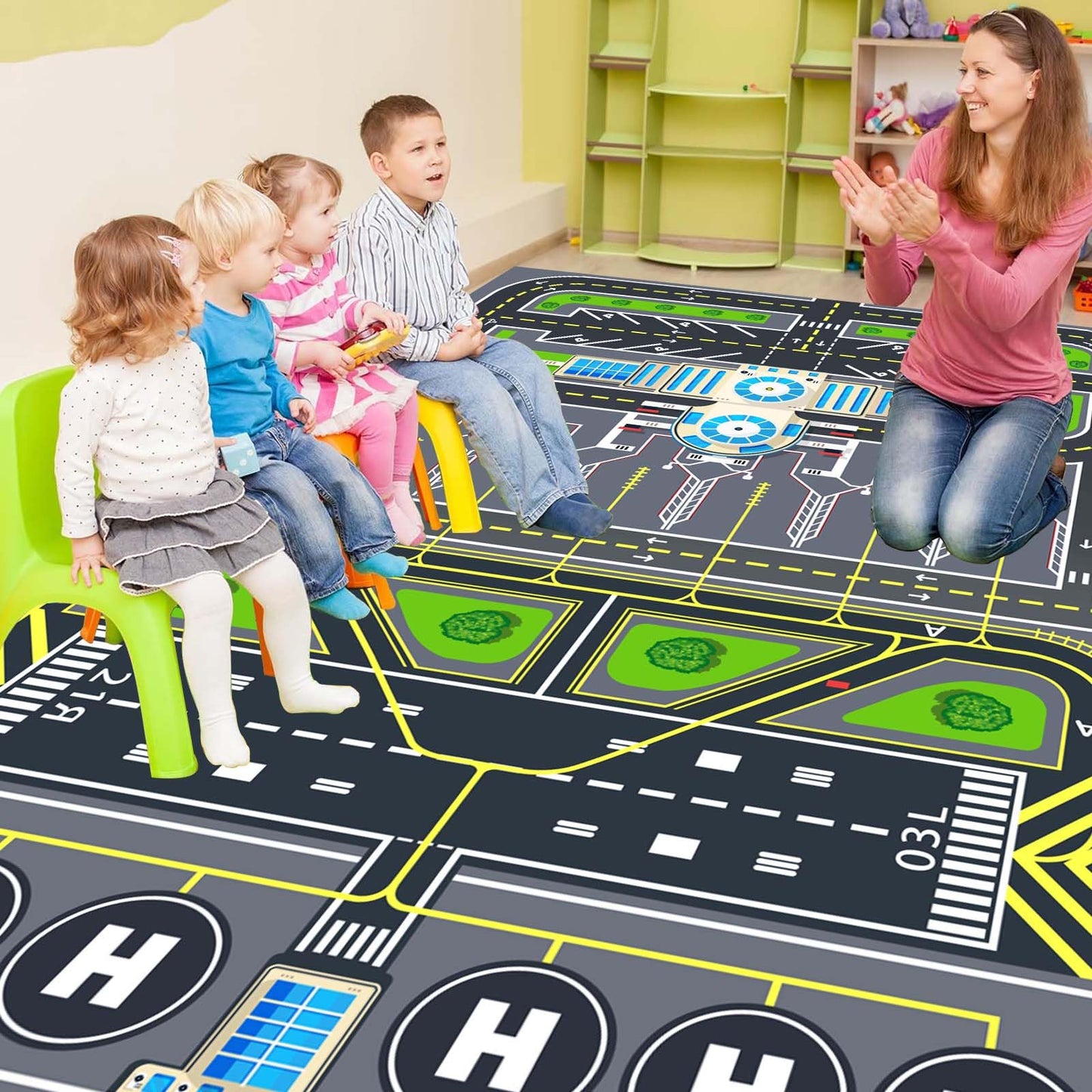 Xyrjova Play Rug for Kids Playroom 31''x47'' Airport Playmat Airplane Rug Airport Carpet with City Road Traffic System and Aircraft Runway，Non-Slip Washable Classroom Rugs Car Rugs Airports Mat