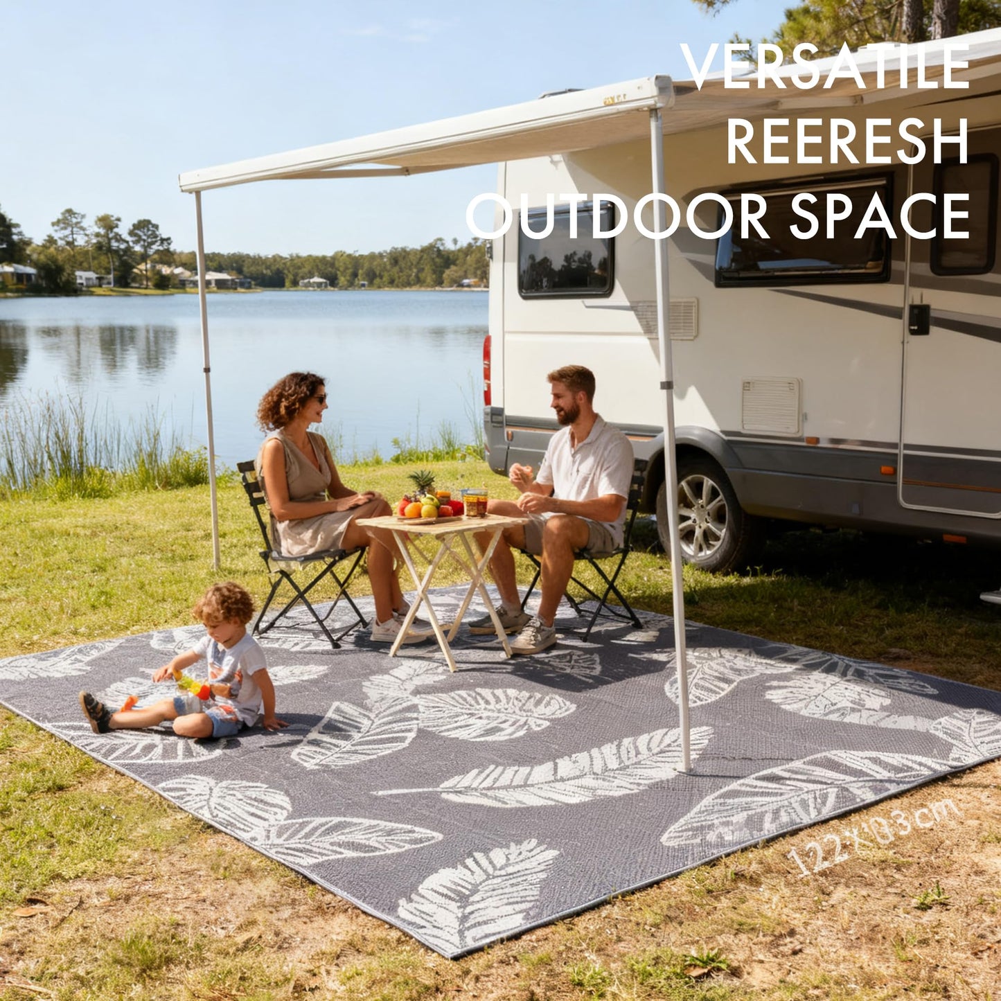 olofable ‌Reversible Waterproof Outdoor Rug – Lightweight UV-Resistant Rug for Patio, Camping & Beach (Grayish-White Leaves, 5' x 8' (Rectangular))