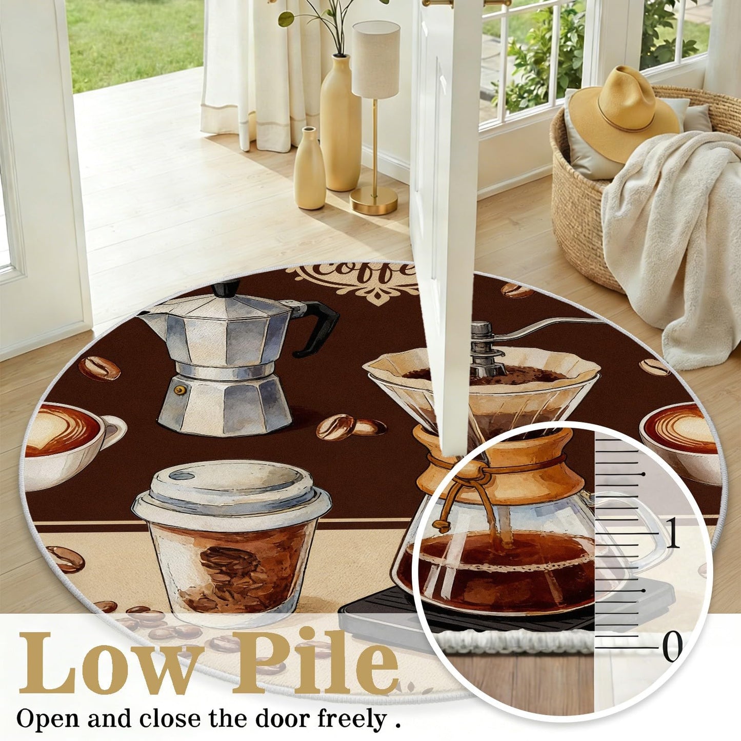 Egljss 4ft Round Rug, Coffee Bean Circle Area Rug for Living Room, Brown Round Carpet for Bedroom, Coffee Cup Circle Washable Rugs for Dining Table, Rugs Non Slip Kitchen