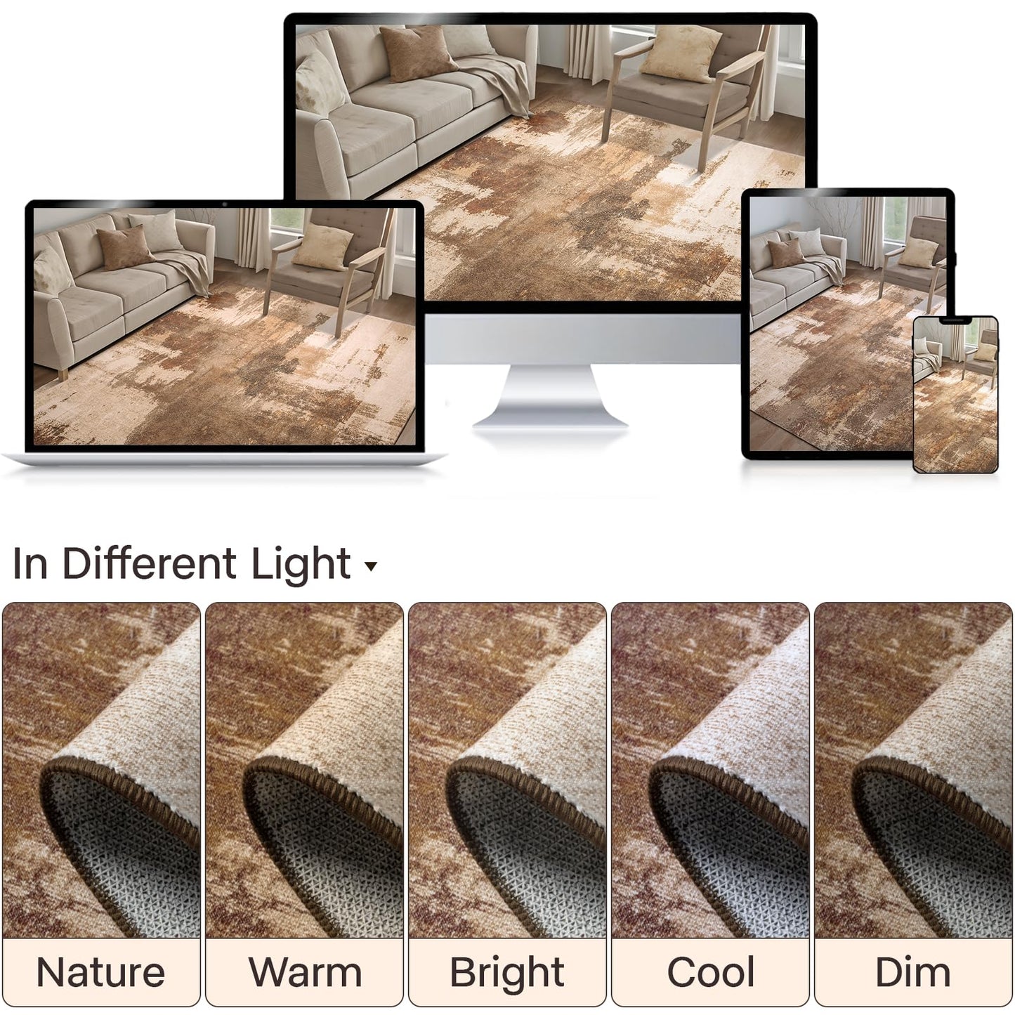 Kelarea Living Room Rug, 5x7 Rug Modern Abstract Washable Rugs Brown Foldable Faux Wool Vintage Carpets, Non Slip Rug for Bedroom, Dining Room, College Dorm, Kids Playroom, Home Office