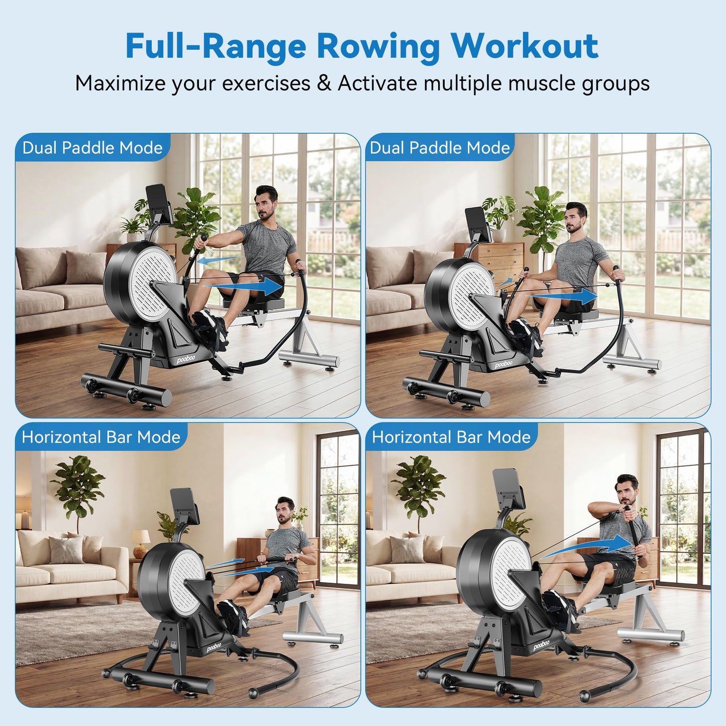 pooboo Rowing Machines for Home, Dual Wind & Magnetic Resistance, Foldable Row Machine 400 LB Weight Capacity, 14 Levels Resistance Quiet Rowers for at Home Exercise, App Supported