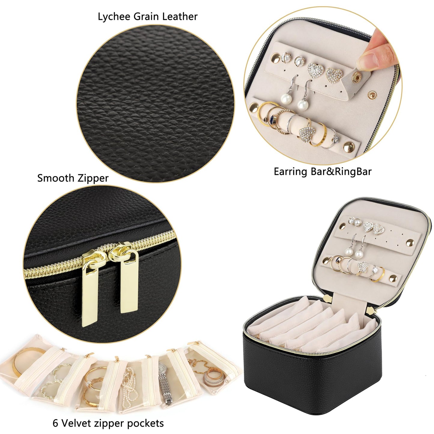 HofferRuffer Jewelry Box Organizer for Women Girls, Travel Jewelry Case with 6 Portable Zipper Bags, Jewelry Storage Ideal for Travel & Home Organization (6pcs-Black Faux Leather)