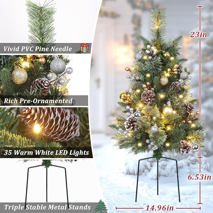 2 Packs 30 Inch Pre-Lit Outdoor Christmas Trees Urn Filler, Small Lighted Xmas Tree Holiday Décor with Multi-Color & WW Waterproof String Lights, Gold & Silver Berry Stems, 10 Pine Cones